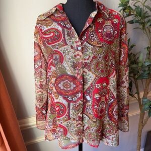 Nicola Paisley Sheer Blouse Boho Red Brown Flare Sleeve Size L